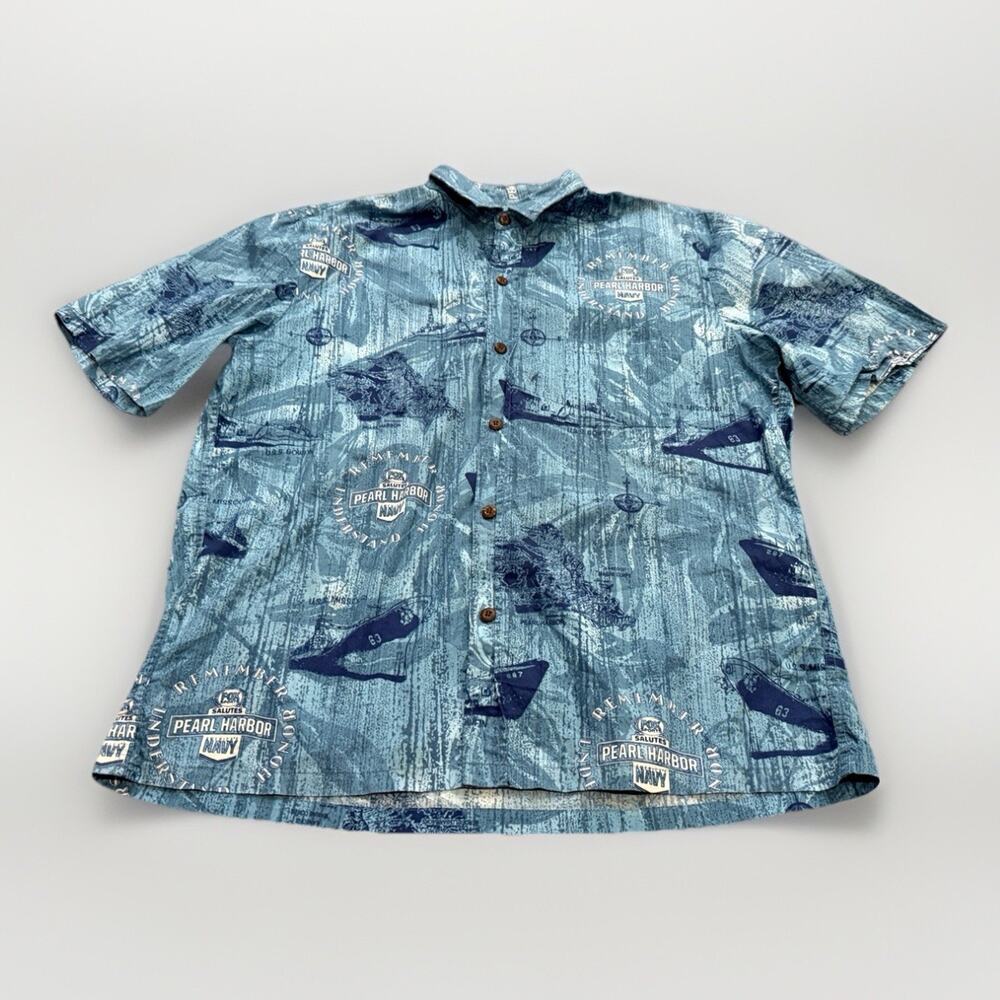 Jams World Hawaii Mens Blue Pearl Harbor Navy Print Short Sleeve Size XL USA